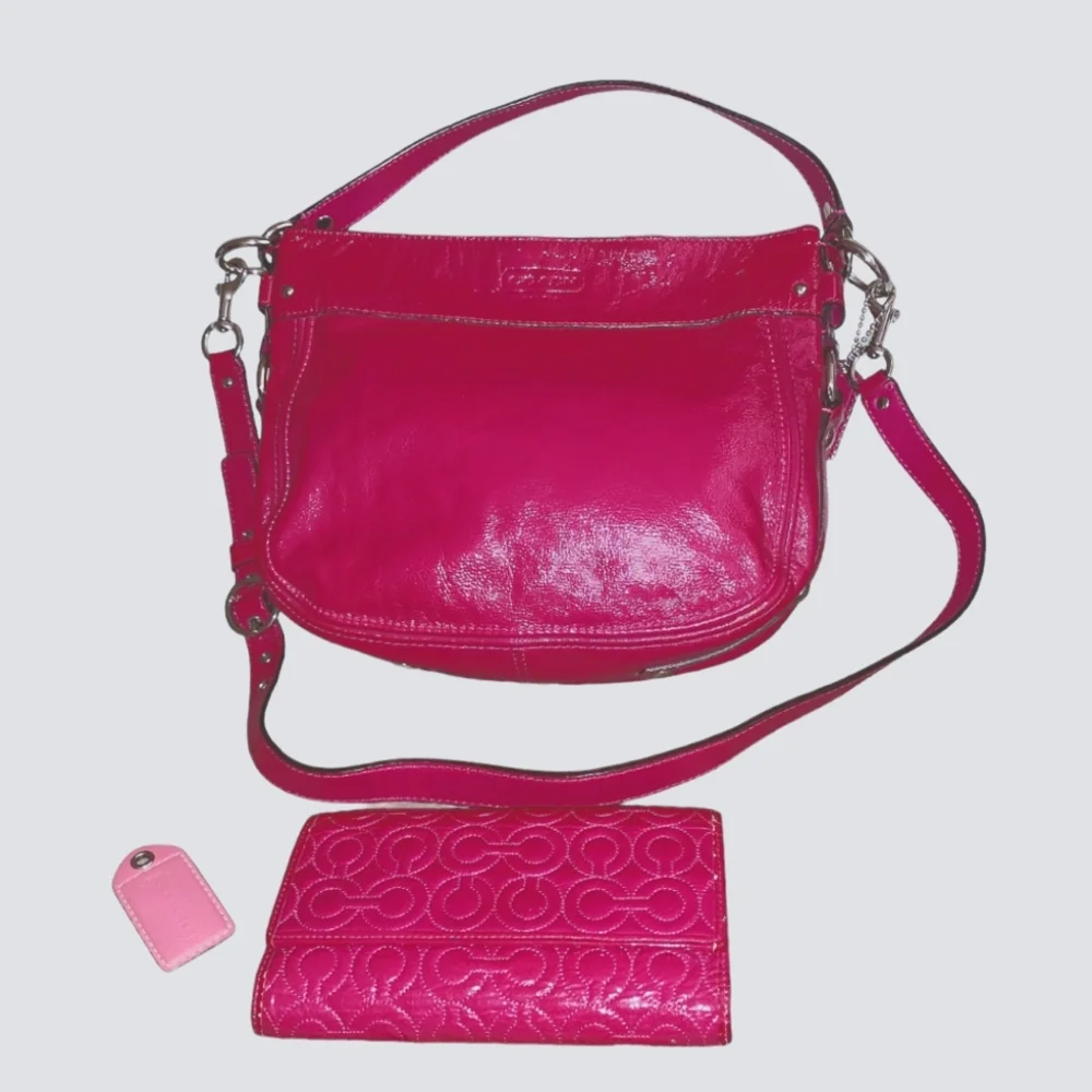 Large Vintage Vtg Coach Zoe Patent Leather Pink Bag, Coach Optic Wallet Pink…